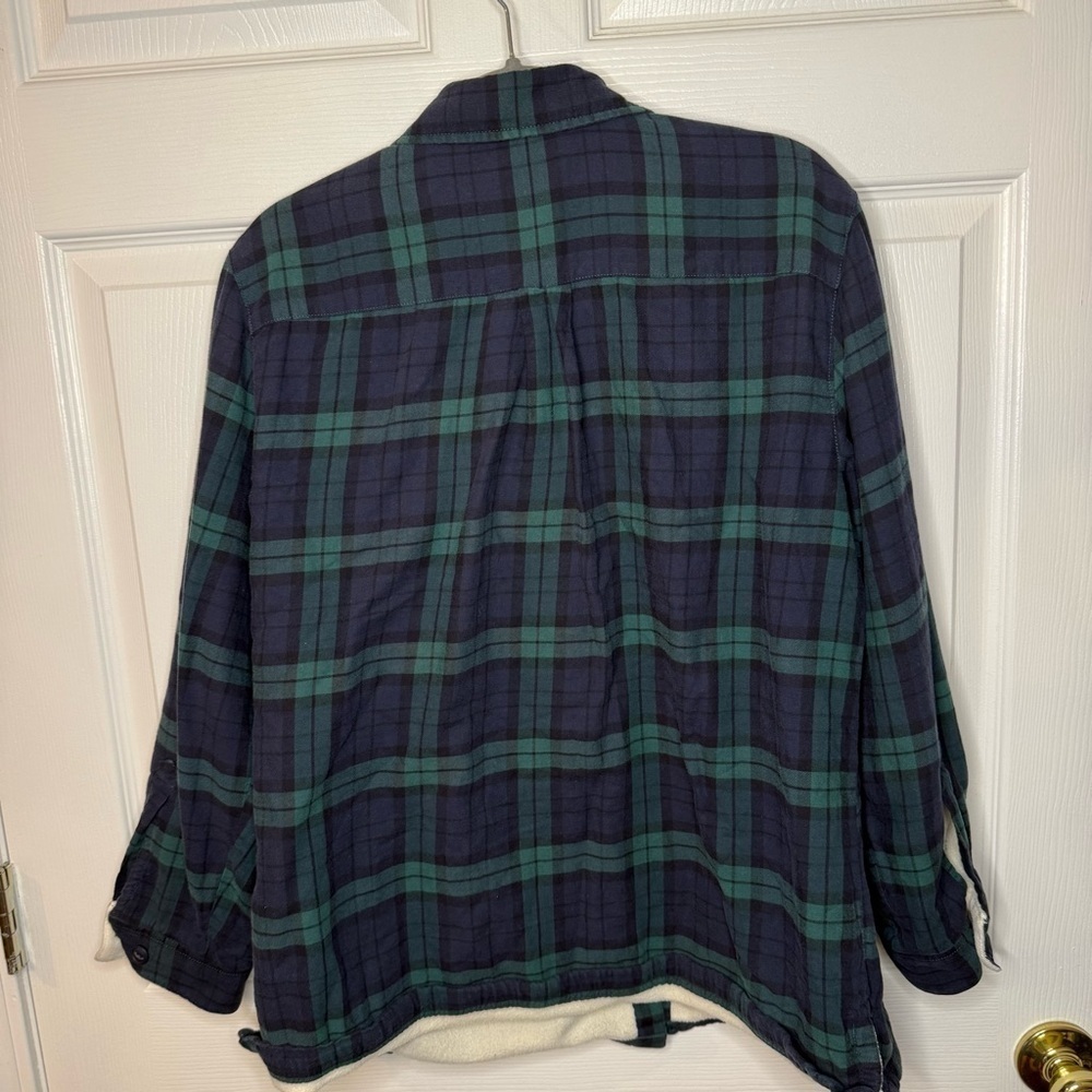 L.L. Bean Women's Fleece Lined Plaid Button Down Shirt - Navy and Green Size LP - Picture 4 of 6